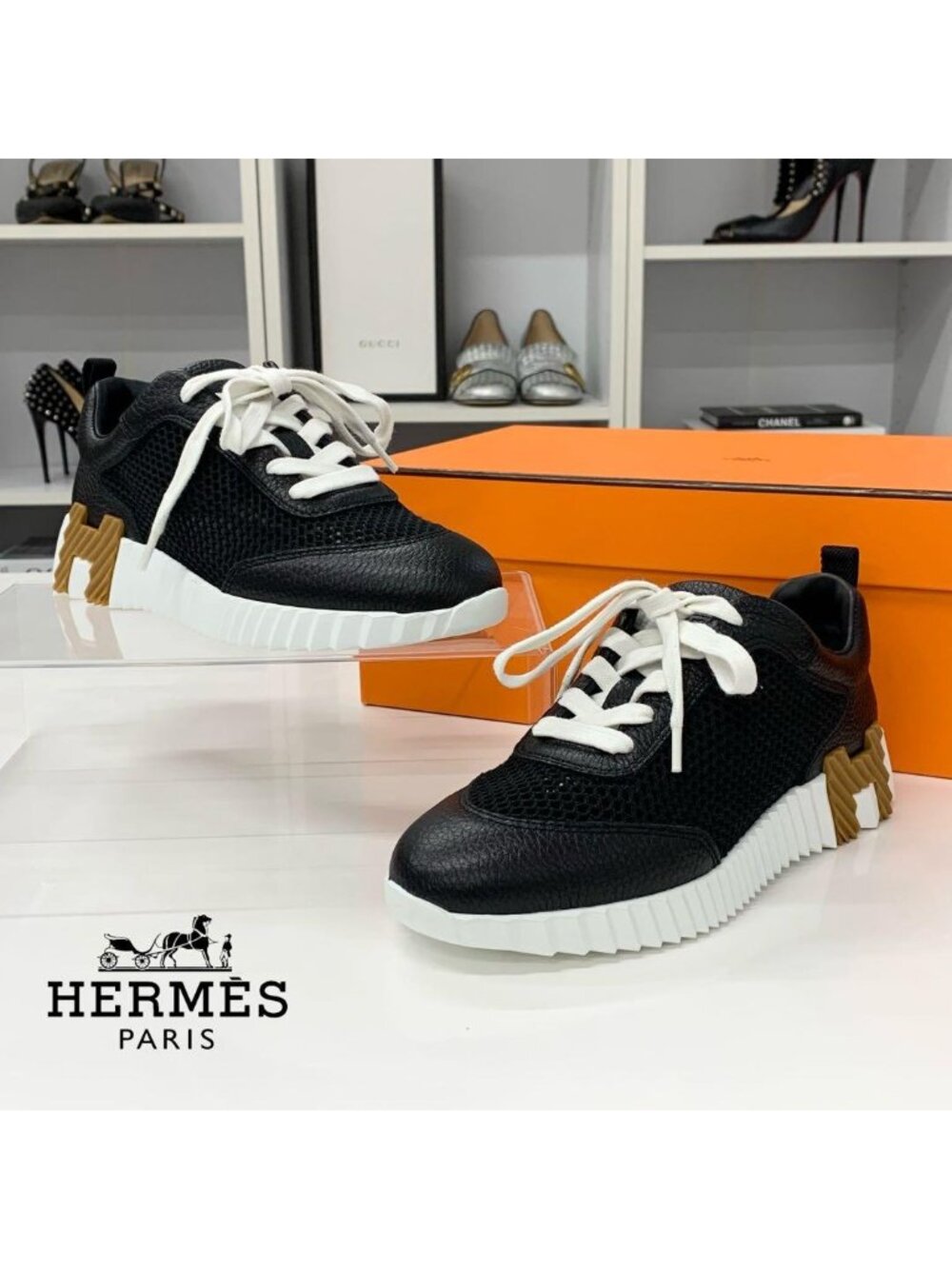 Hermes Bouncing Leather Mesh Sneakers Black